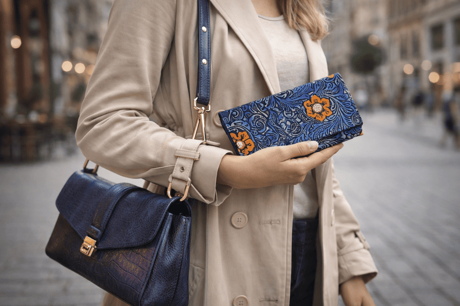 modrá kožená peňaženka s kvet. potlačou mk